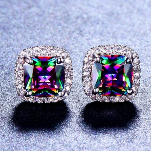 NEW Cushion Mystic Topaz Diamond Halo Earrings - Picture 2 of 5
